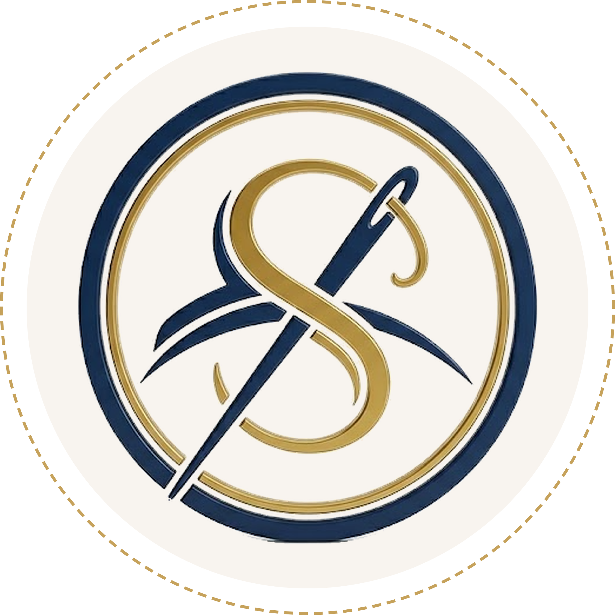 Signature Print & Stitch badge: a gold S threaded by a navy needle
